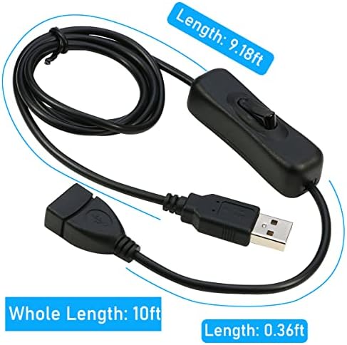 Riitop USB ON/OFF מתג כבל [3M, 2-Pack], USB 2.0 כבל הרחבה זכר לנקבה עם תמיכה במתג לאוזניות USB, רצועות